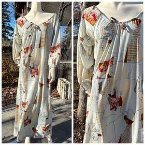 70s Abstract Print Maxi Dress Kaftan Earth Tones Wide Tie Neckline Long Sleeve S